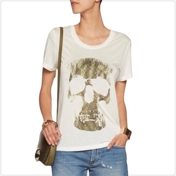 Haute Hippie Ivory Green Skull Graphic Soft Modal Knit T-Shirt Top NWT NEW XS - Picture 3 of 6